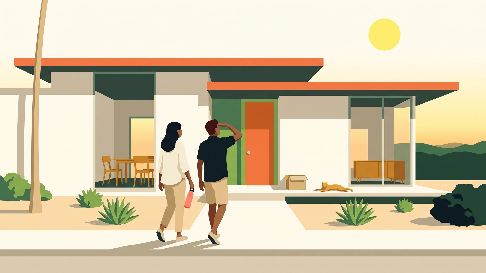 Two buyers walking up to a Las Vegas house in the middle of an August afternoon, the sun high and the street empty.