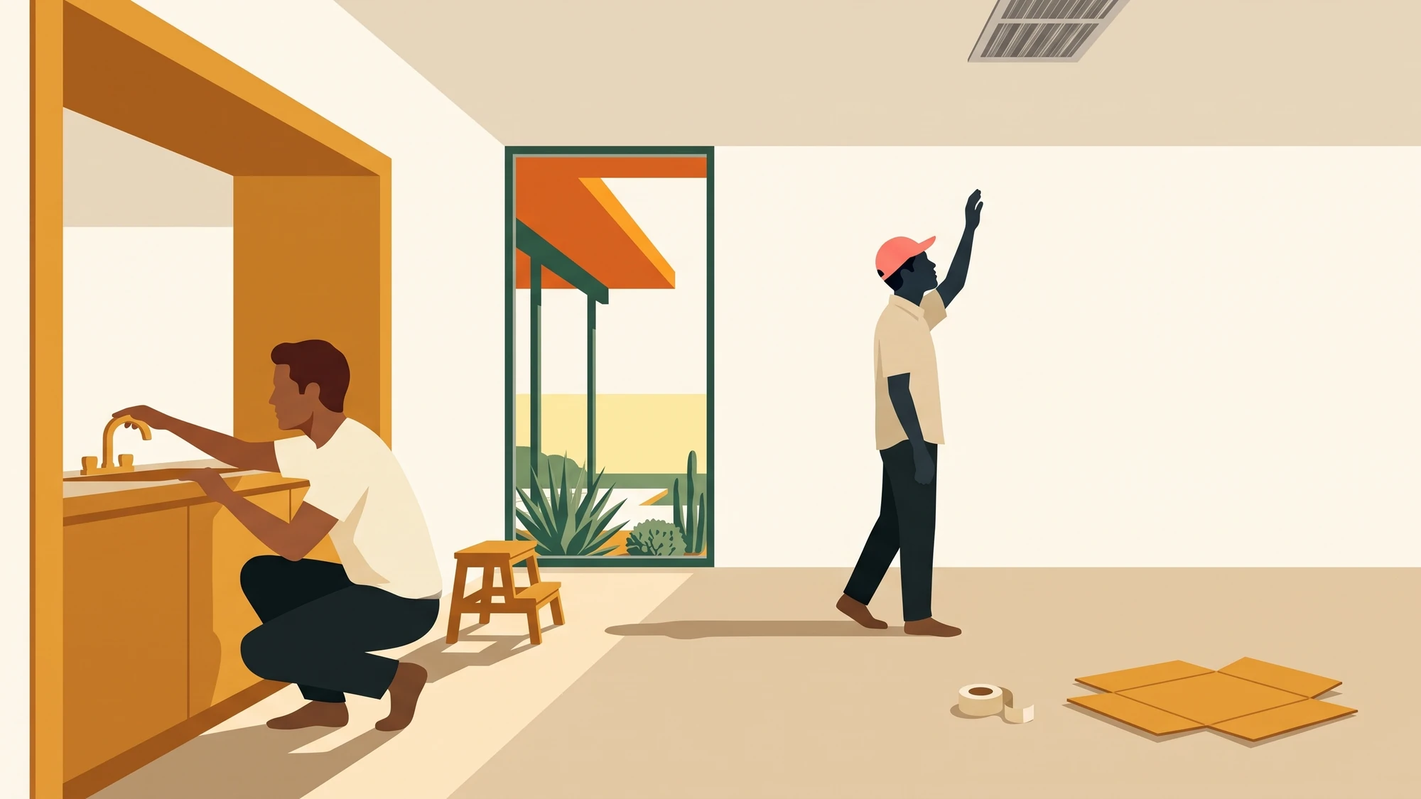 Two people doing a final walkthrough of an empty living room, one crouched at a faucet and the other checking a vent, with the last of the seller's tape on the floor.