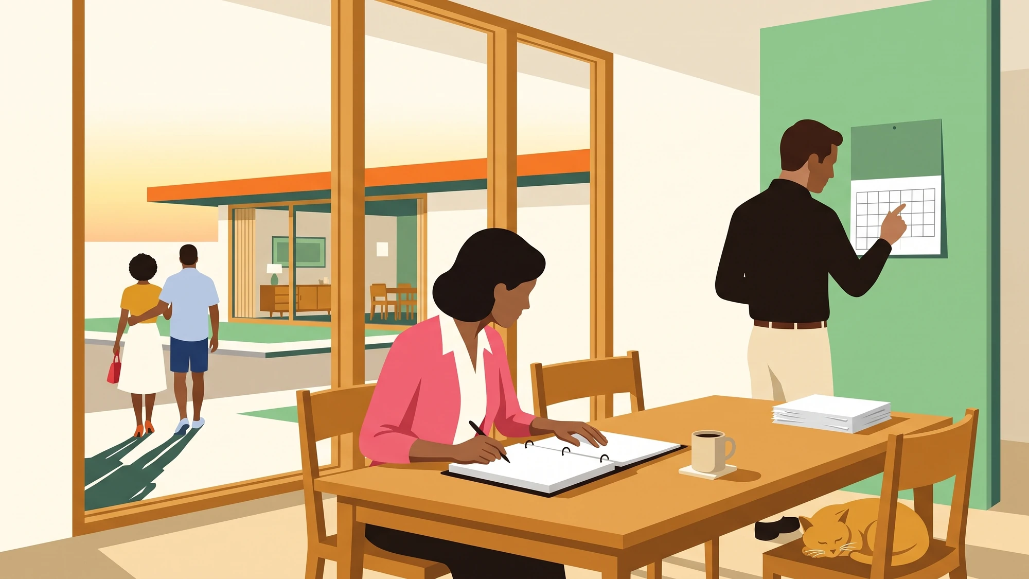 Two people at a dining table under contract, one working through a thick association resale binder while the other writes contract dates onto a wall calendar.