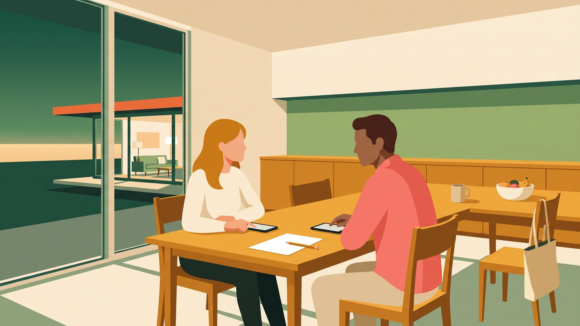 Two people at a kitchen table in the evening, each holding their own phone, with one printed list between them.