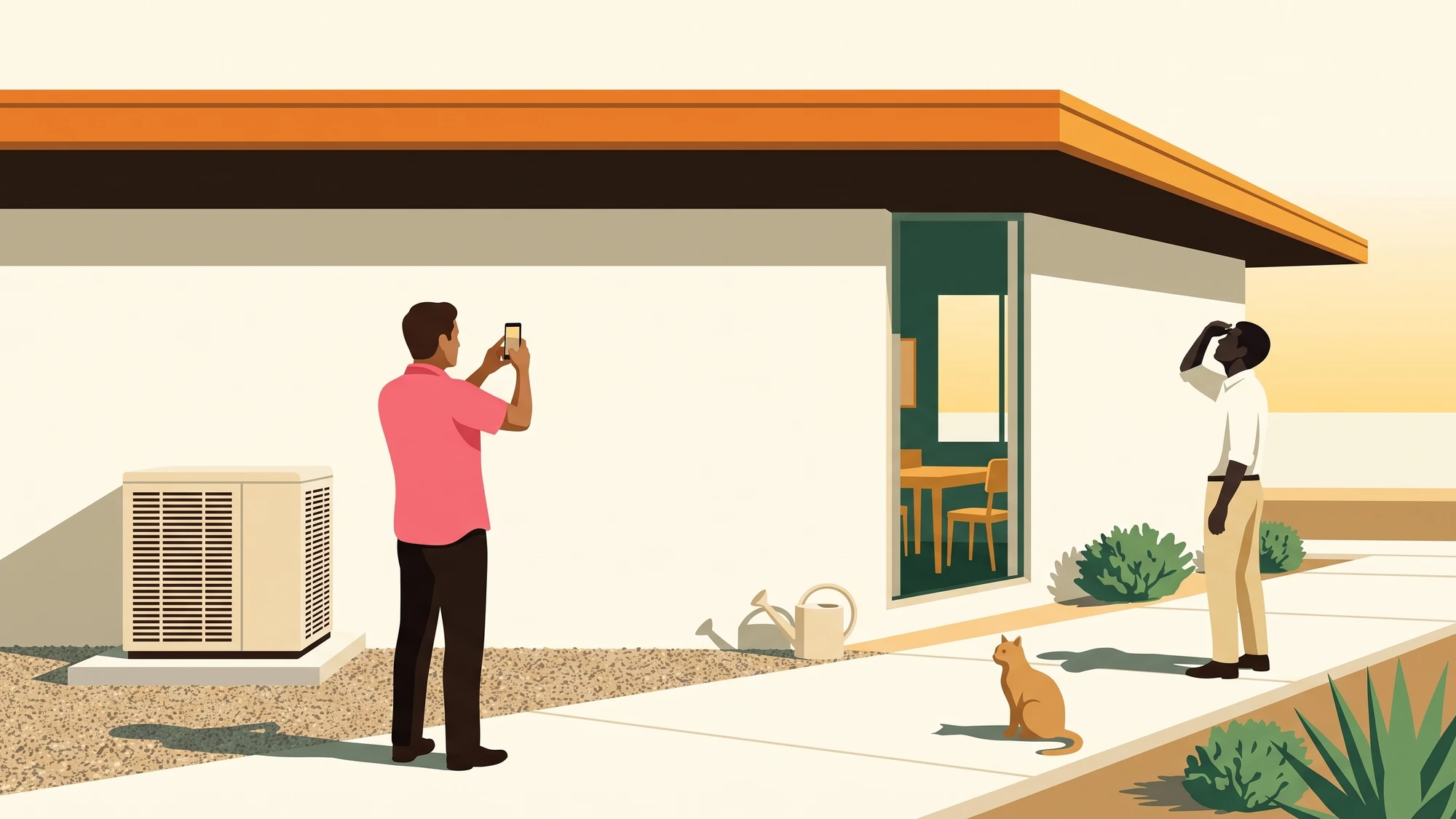 Two people at the side of a house at a showing, one photographing the air conditioner while the other reads the roof line.