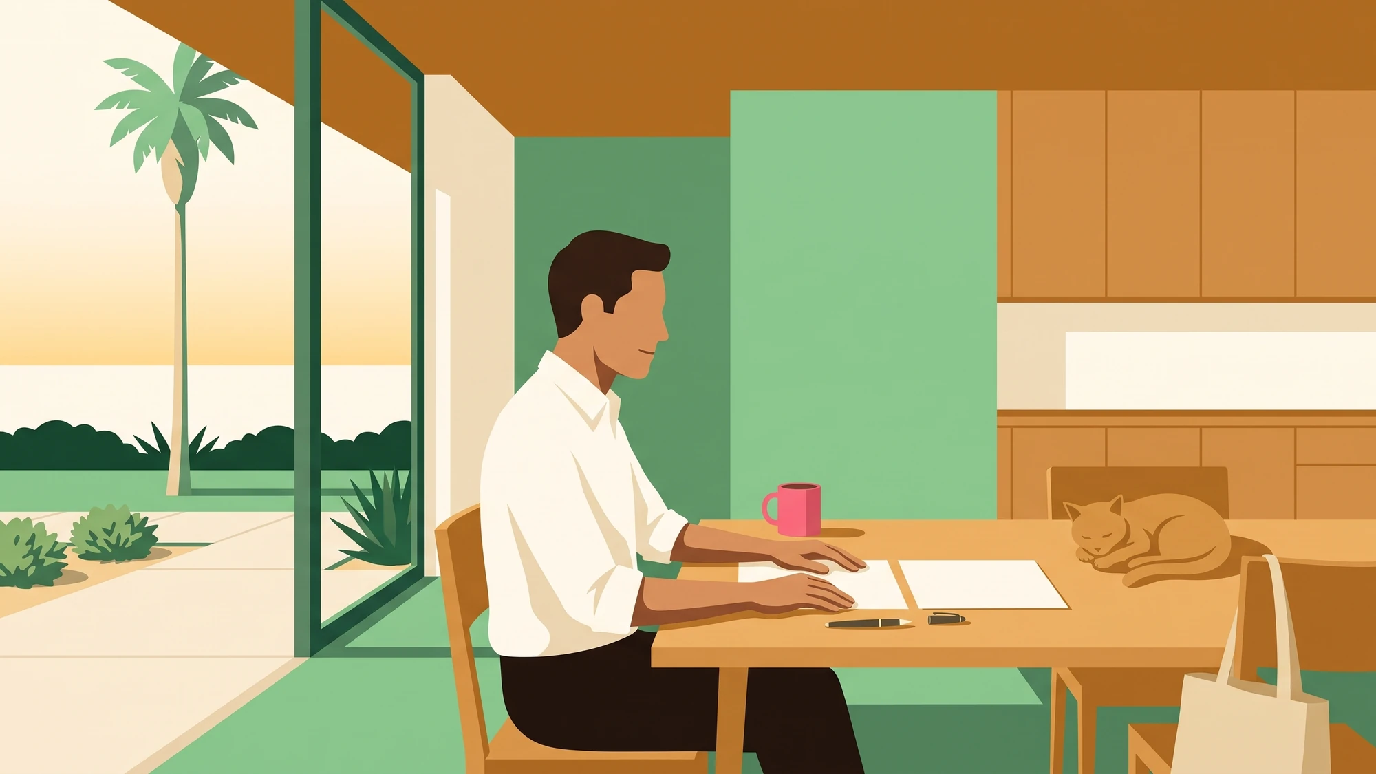 A man at a dining table reading a two-page agreement, one finger holding his place and a pen beside it.