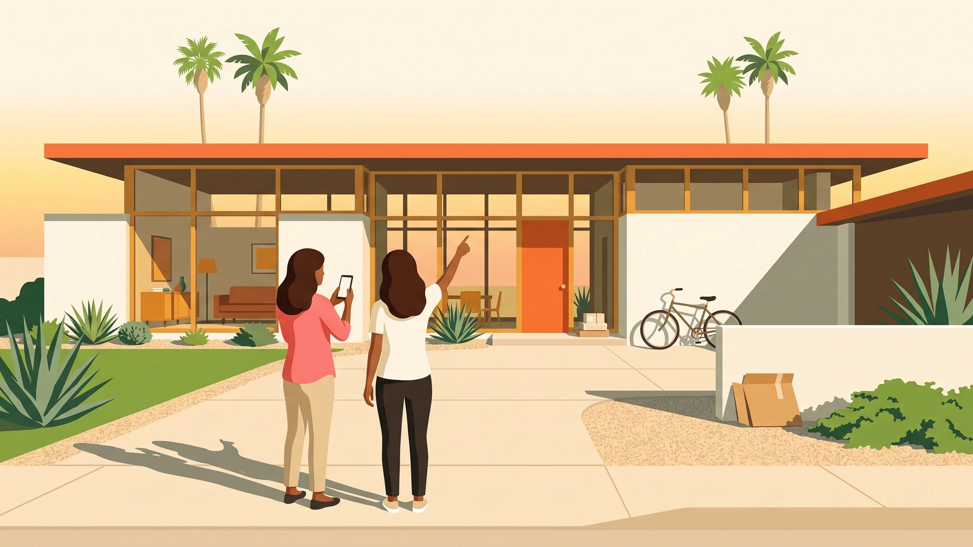 Two people on the sidewalk outside a house, one holding up a phone while the other points at the roofline.
