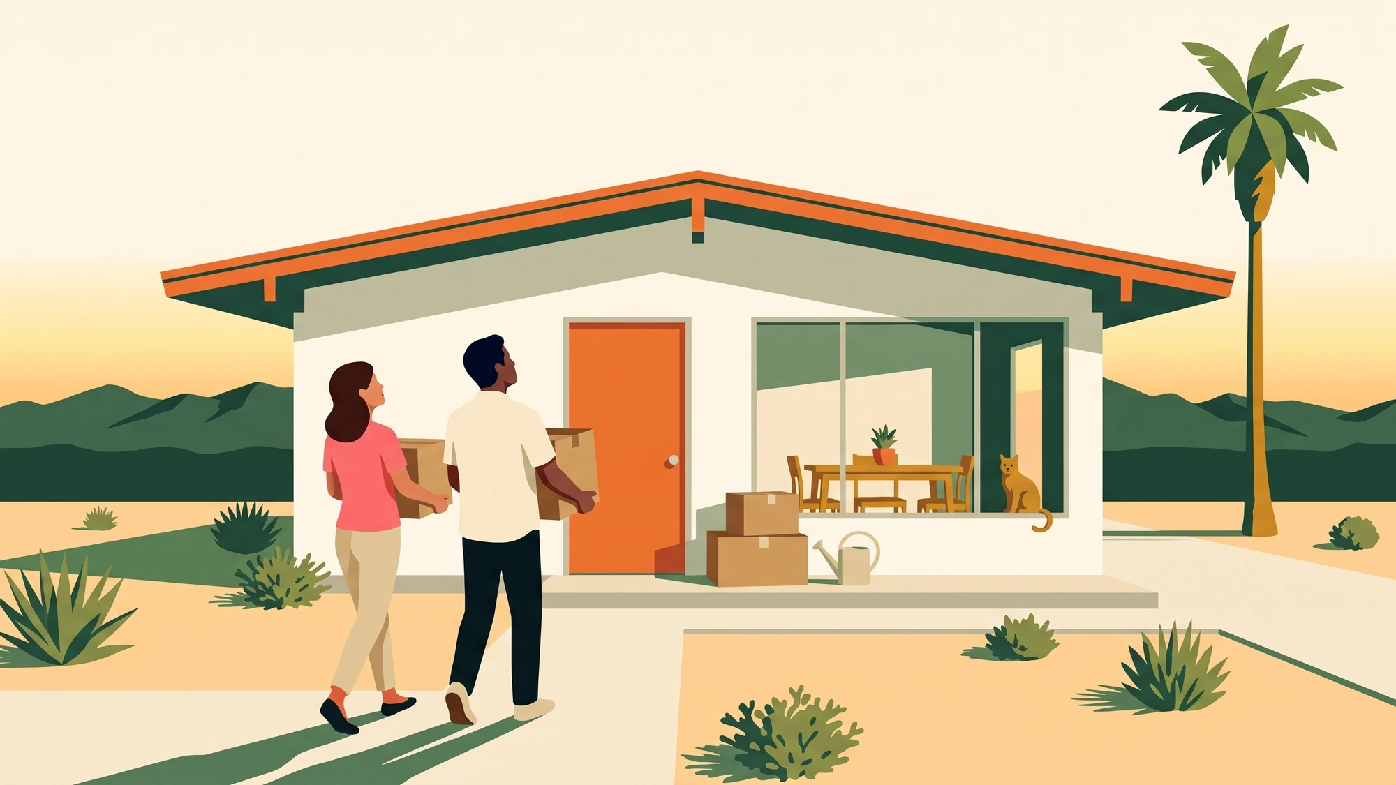 Two people carrying moving boxes to the door of a rented valley house with a gravel front yard