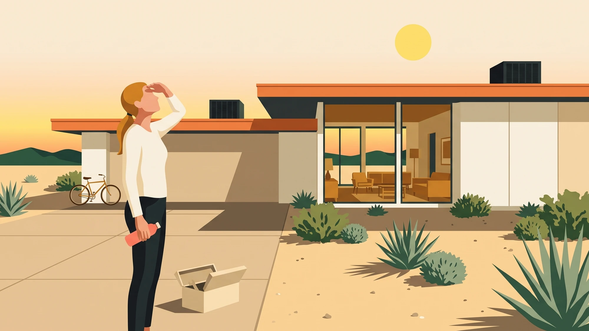 A flat-roofed valley house with two rooftop air conditioners and a gravel and desert-planted front yard