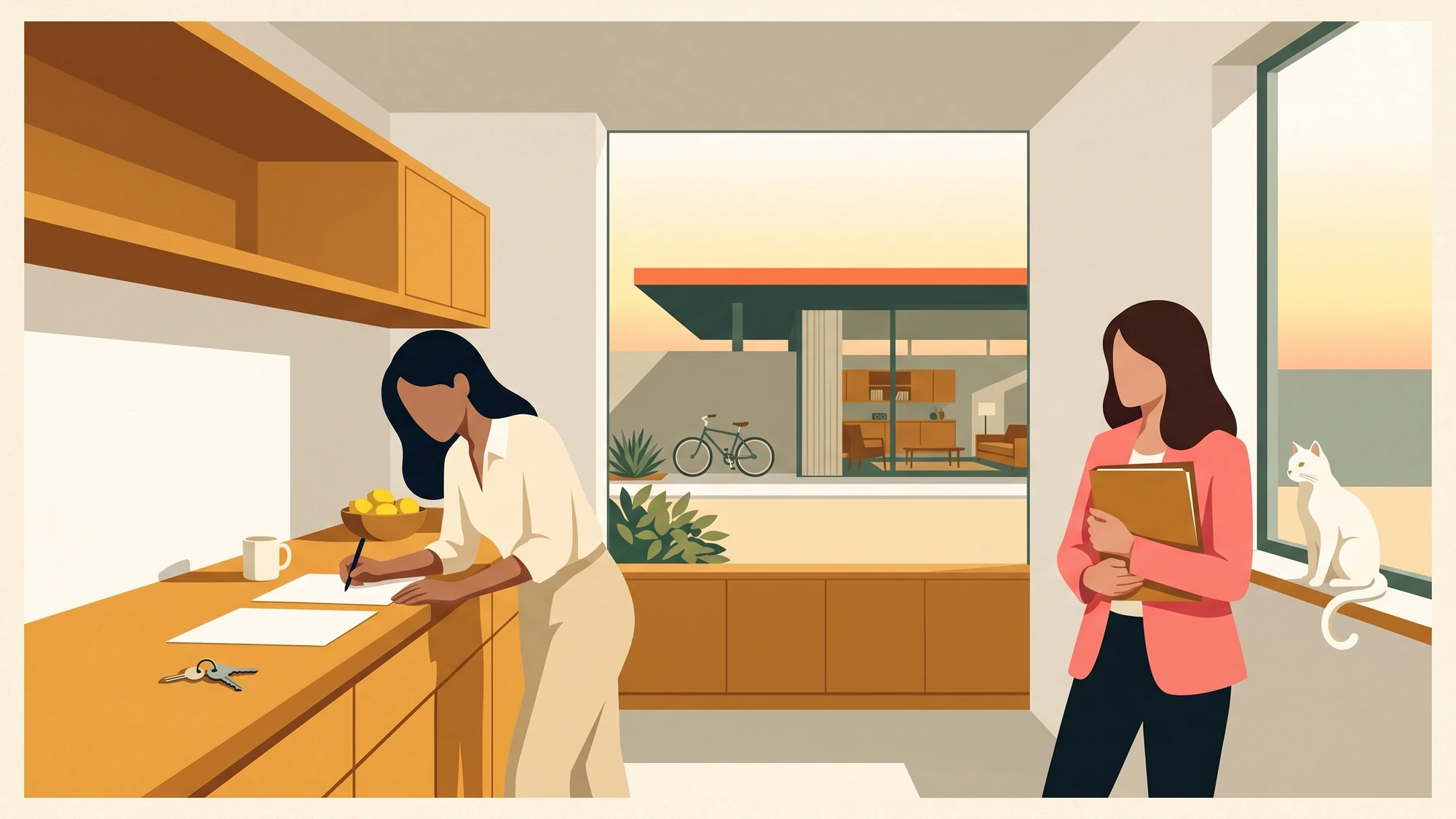 A woman at her own kitchen counter filling in a two-page disclosure form in pen while an agent stands back with a folder.