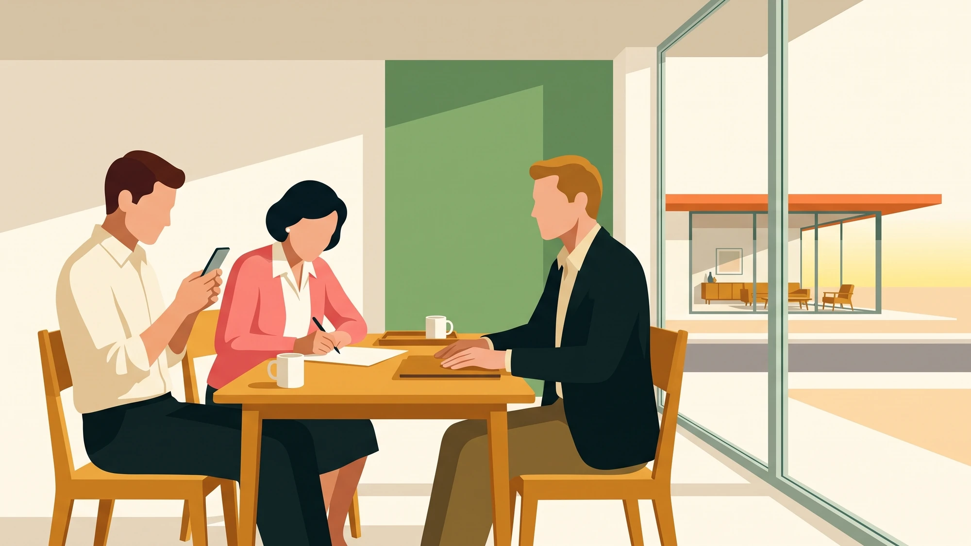 Two people across a small table from an agent, one of them reading questions off a phone while the other marks a printed page.