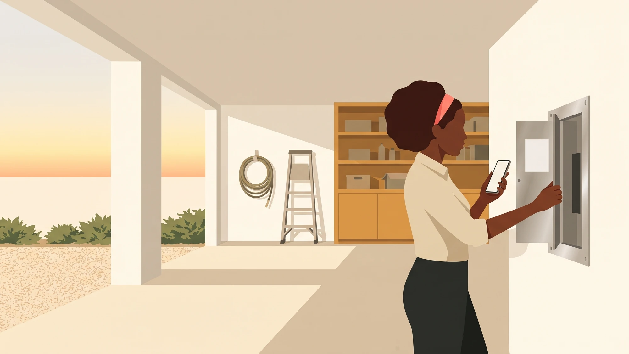 A person photographing an open electrical panel door in a garage with a phone.
