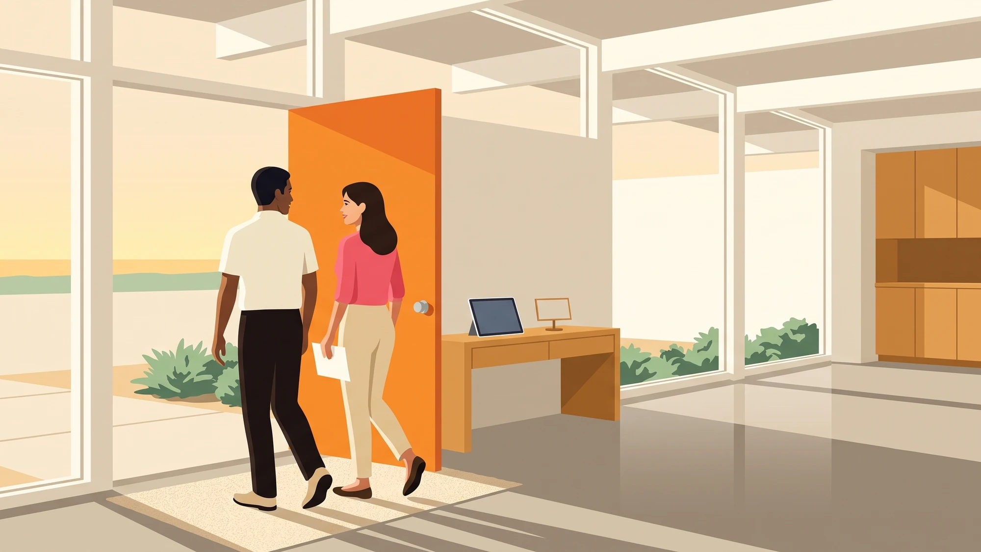 An open front door with a sign-in tablet on a console table and two visitors stepping inside