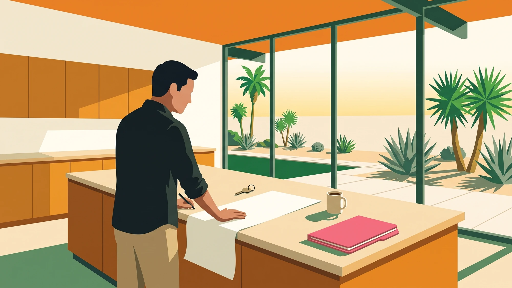 A man at a kitchen island working down a long blank list with a house key on it.