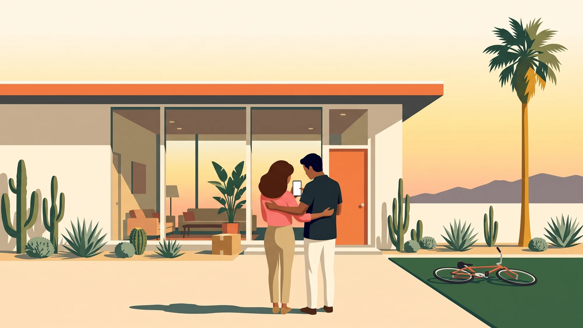 A couple on a driveway looking together at one phone in front of a modern desert home.