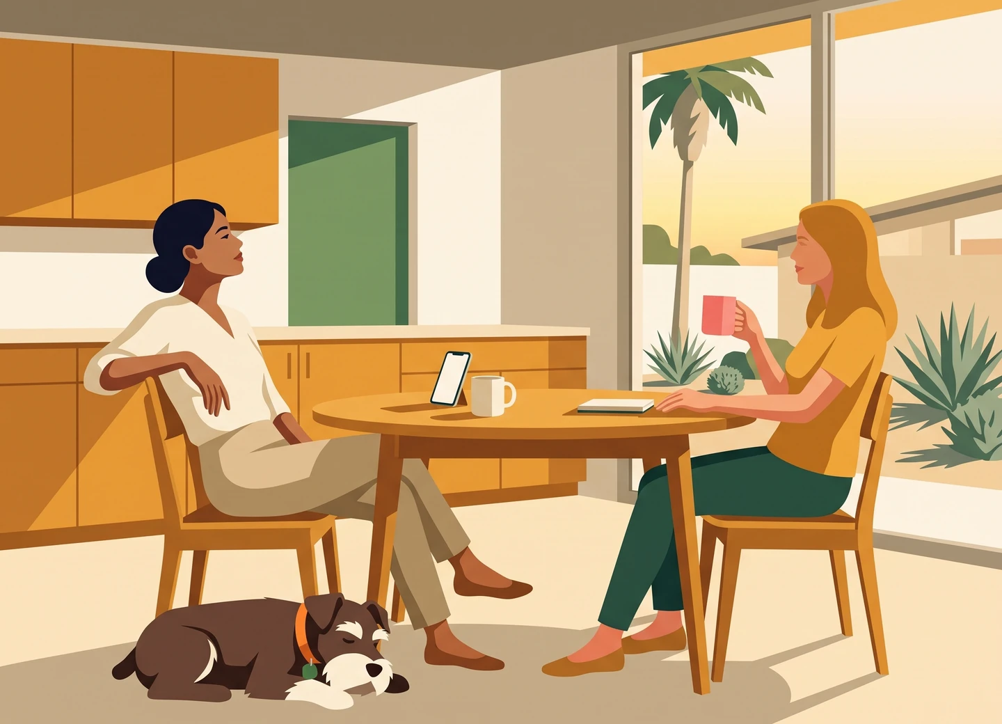 Two friends at a kitchen table planning Saturday tours, a phone propped against a mug and the dog asleep by a chair.